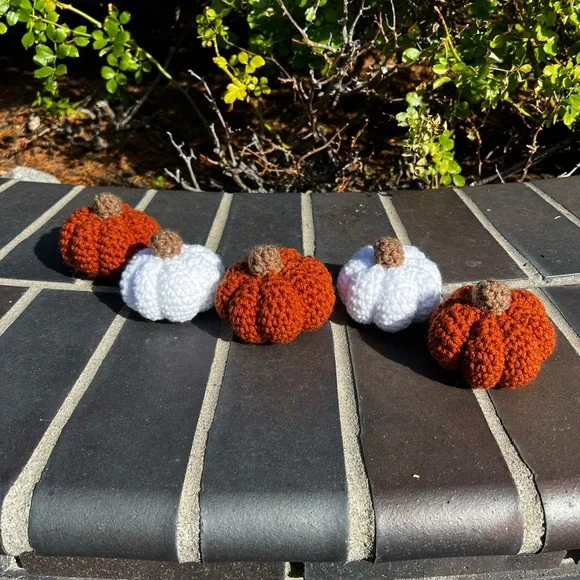 Hand Crocheted Set of 5 Rustic White & Orange Pumpkins Fall Halloween Decor! - Picture 3 of 12
